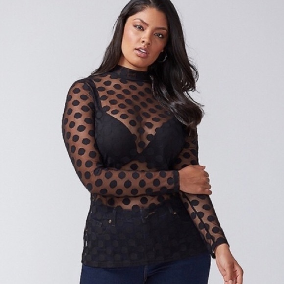 Lane Bryant Tops - Lane Bryant Black Sheer Mesh Polka Dot Mock Neck